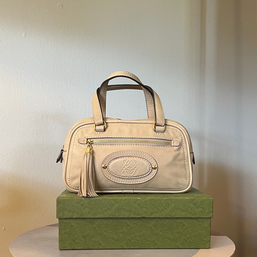 Vintage Loewe Nappa Leather Cream / Light Pink Mini Anagram Boston bag.